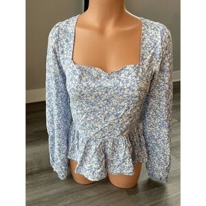 Lost + Wander Blue Floral Smocked Blouse Size S Square Neck N8